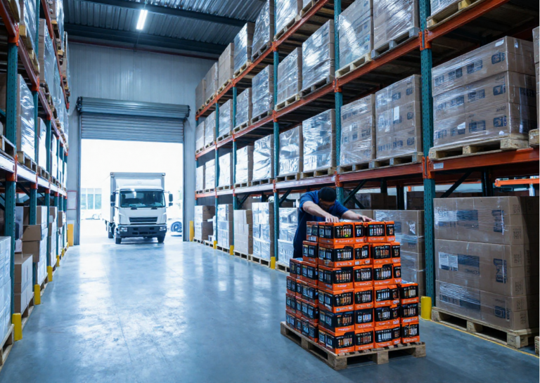 Depósito de Pilas del Oeste en Aldo Bonzi con pallets listos para despacho